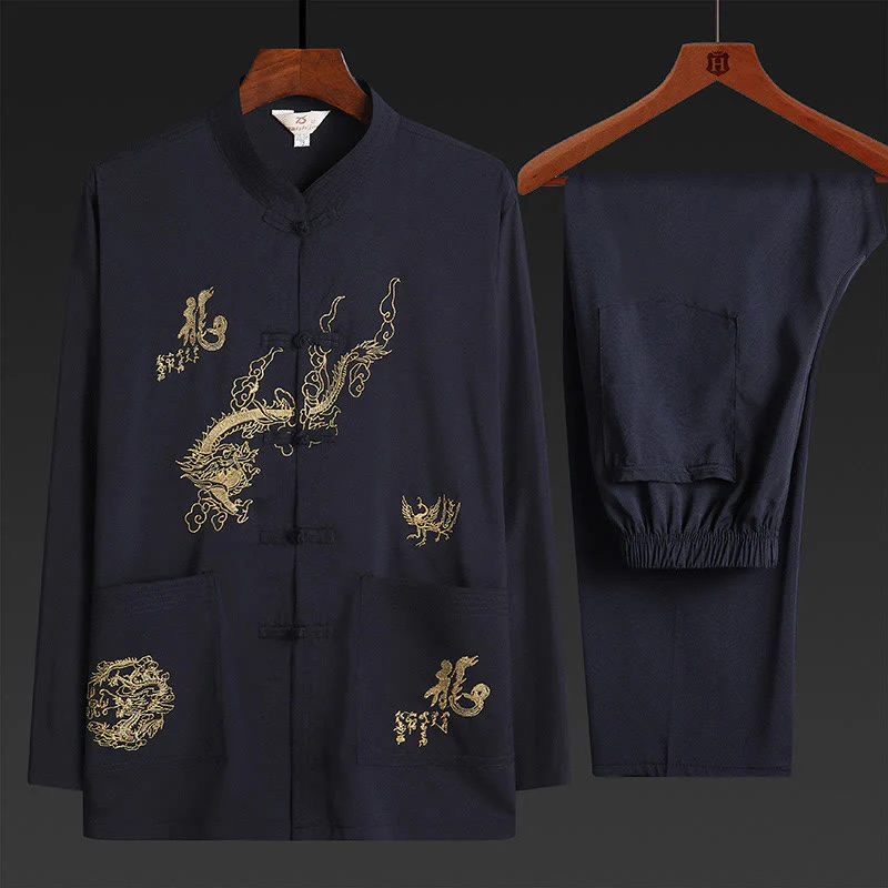 Buddha Stones Capodanno cinese Drago ricamato Rana-bottoni Tang Suit Hanfu tradizionale uniforme Top manica lunga Pantaloni Abbigliamento Uomo Set - Image 5