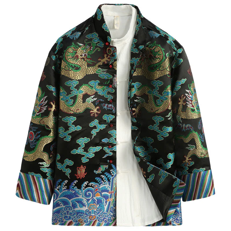 Buddha Stones Capodanno cinese Drago Ricamo Nuvole di buon auspicio Rana-bottoni Tang Suit Giacca Camicia da uomo - Image 13
