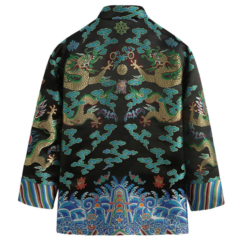 Buddha Stones Capodanno cinese Drago Ricamo Nuvole di buon auspicio Rana-bottoni Tang Suit Giacca Camicia da uomo - Image 14