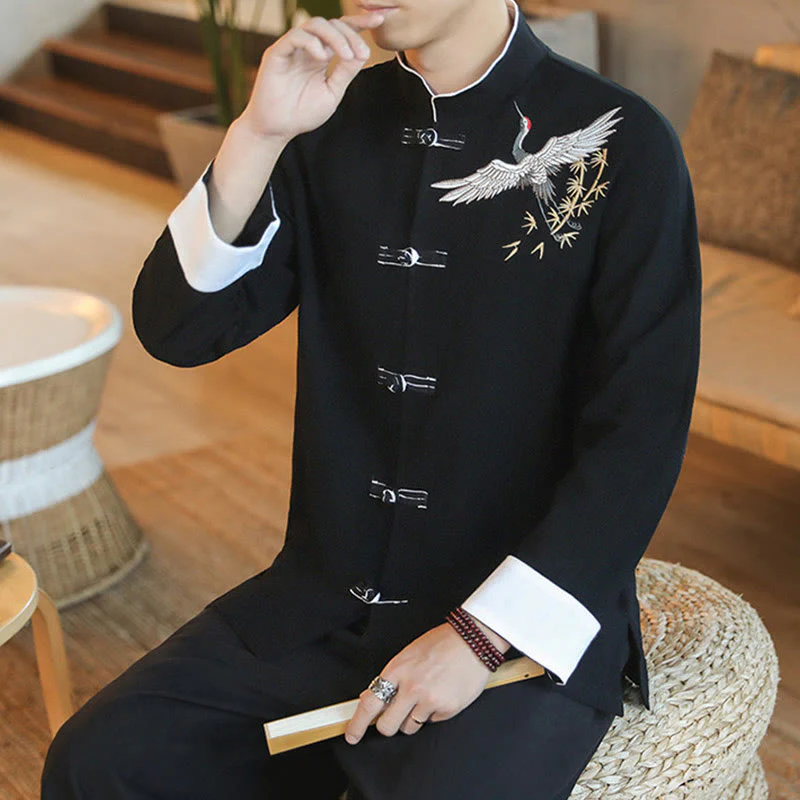 Buddha Stones Capodanno cinese Gru volante Ricamo Rana-bottoni Tang Suit Giacca da uomo in cotone Camicia - Image 13