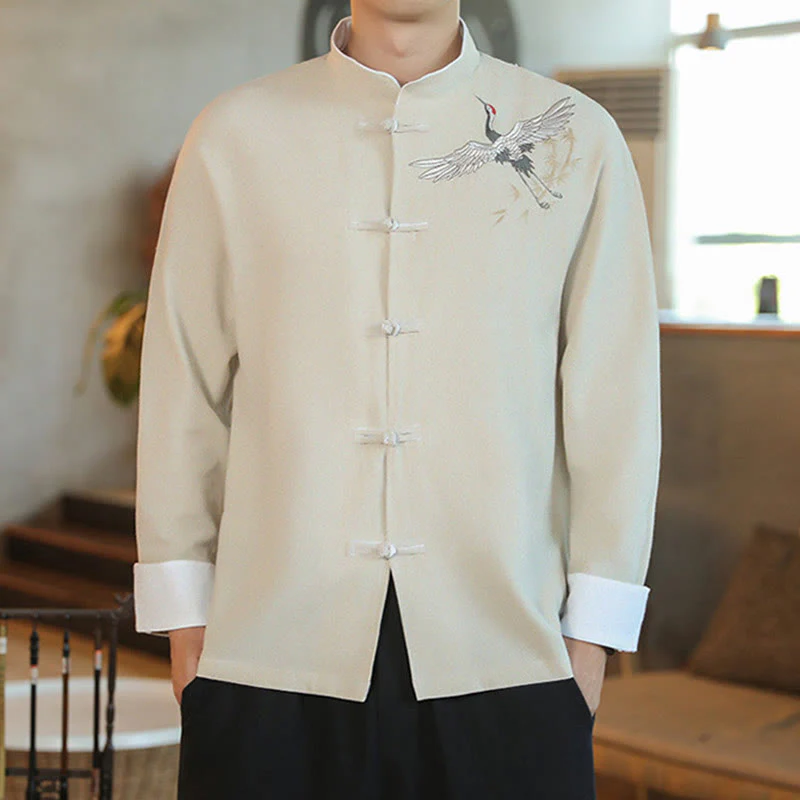 Buddha Stones Capodanno cinese Gru volante Ricamo Rana-bottoni Tang Suit Giacca da uomo in cotone Camicia - Image 17