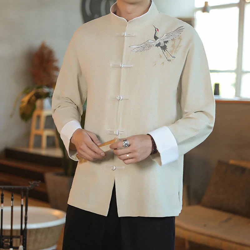 Buddha Stones Capodanno cinese Gru volante Ricamo Rana-bottoni Tang Suit Giacca da uomo in cotone Camicia - Image 18