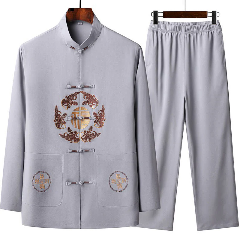 Buddha Stones Capodanno cinese ricamato Fu Tang Suit Hanfu manica lunga Top Pantaloni Abbigliamento Uomo Set - Image 2