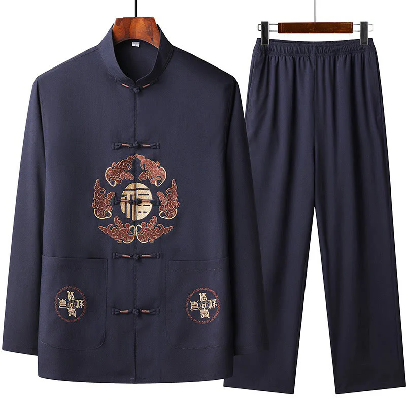 Buddha Stones Capodanno cinese ricamato Fu Tang Suit Hanfu manica lunga Top Pantaloni Abbigliamento Uomo Set - Image 3