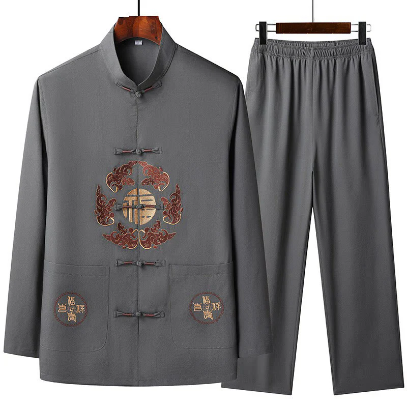 Buddha Stones Capodanno cinese ricamato Fu Tang Suit Hanfu manica lunga Top Pantaloni Abbigliamento Uomo Set - Image 5