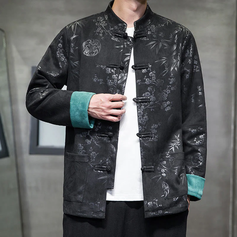Buddha Stones Capodanno cinese vestiti fiori bambù tinta unita polsino rana-bottoni Tang Suit cotone giacca camicia da uomo con tasche - Image 26