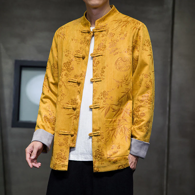 Buddha Stones Capodanno cinese vestiti fiori bambù tinta unita polsino rana-bottoni Tang Suit cotone giacca camicia da uomo con tasche - Image 3