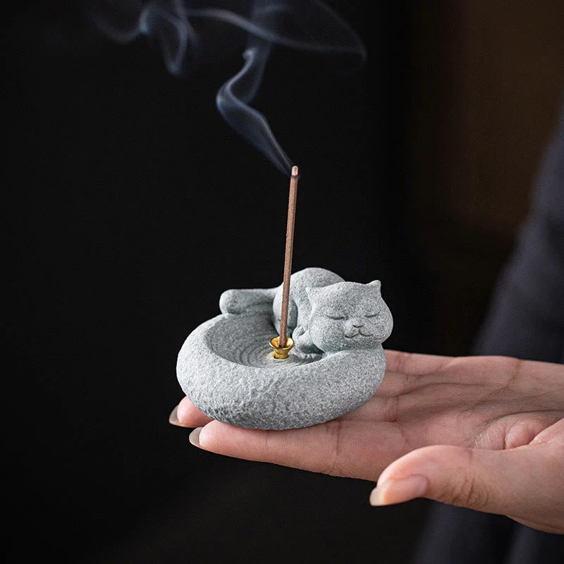 Buddha Stones Carino Gatto Pigro in Piedi Bruciatore di Incenso Guarigione Decorazione da Scrivania - Image 14