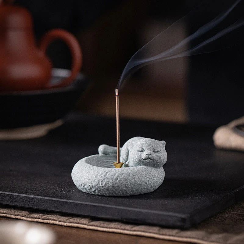 Buddha Stones Carino Gatto Pigro in Piedi Bruciatore di Incenso Guarigione Decorazione da Scrivania - Image 15
