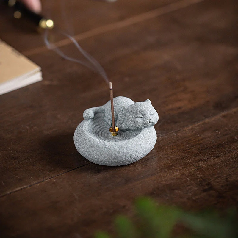 Buddha Stones Carino Gatto Pigro in Piedi Bruciatore di Incenso Guarigione Decorazione da Scrivania - Image 18