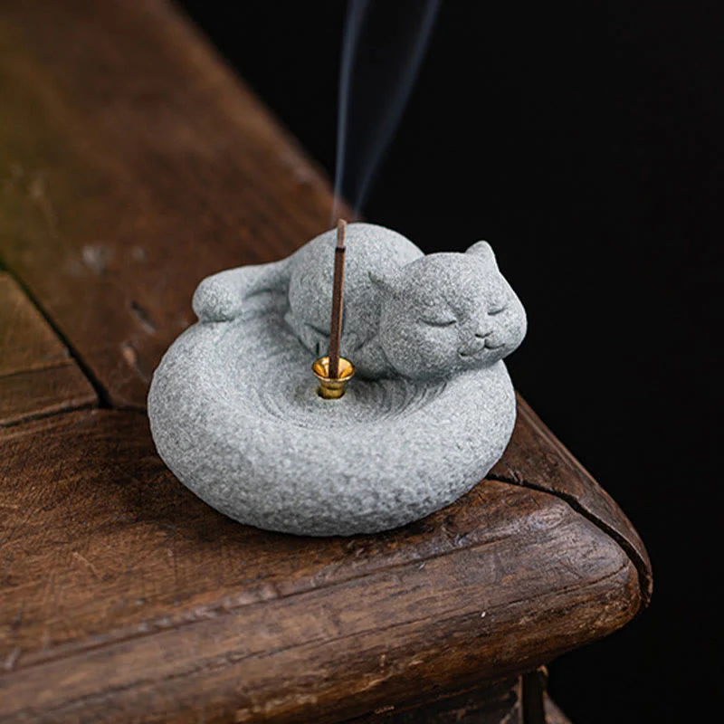 Buddha Stones Carino Gatto Pigro in Piedi Bruciatore di Incenso Guarigione Decorazione da Scrivania - Image 23