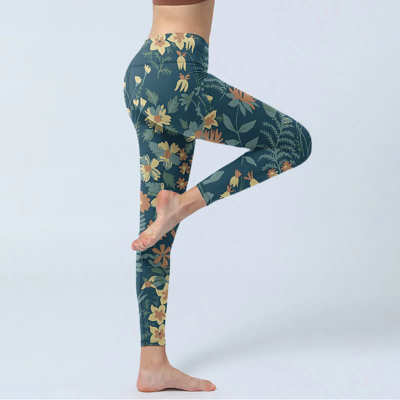 Buddha Stones Casual Daisy Flowers Leaves Stampa Leggings da palestra Fitness Pantaloni da yoga da donna - Image 4