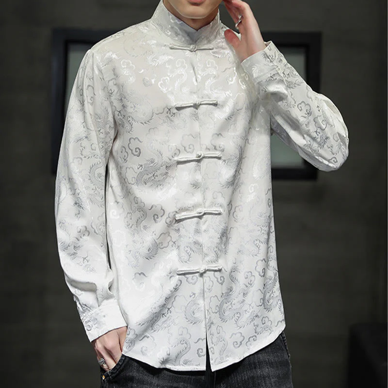 Buddha Stones Casual Dragon Pattern Frog-button Tang Suit Lino Giacca Camicia Uomo - Image 12