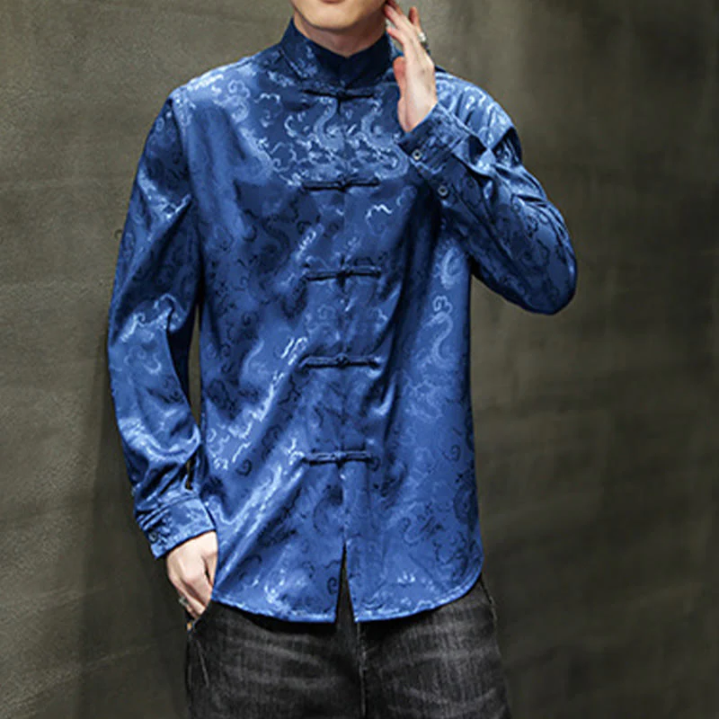 Buddha Stones Casual Dragon Pattern Frog-button Tang Suit Lino Giacca Camicia Uomo - Image 3