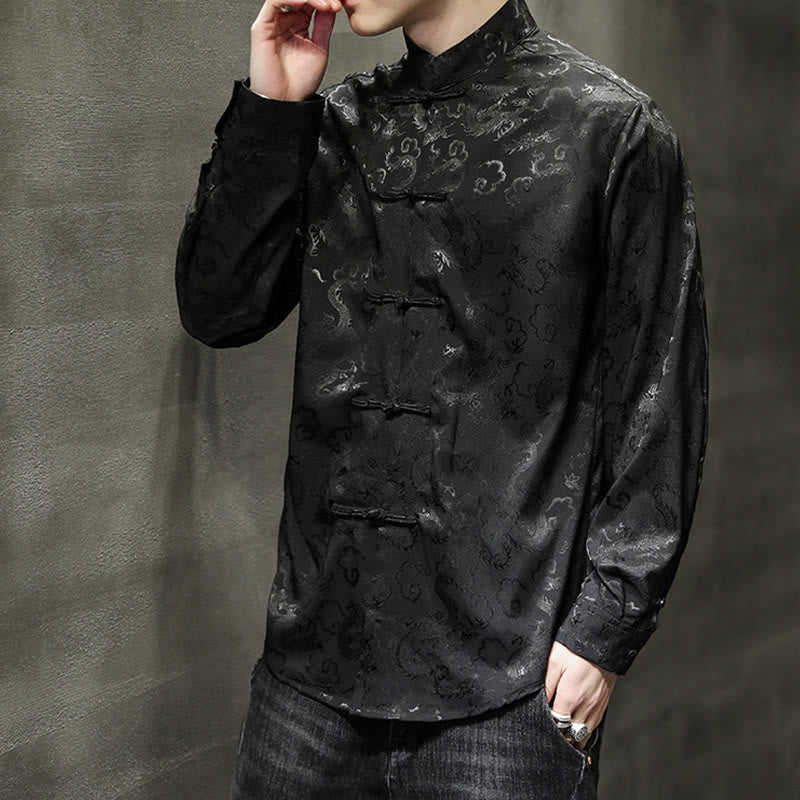 Buddha Stones Casual Dragon Pattern Frog-button Tang Suit Lino Giacca Camicia Uomo - Image 35