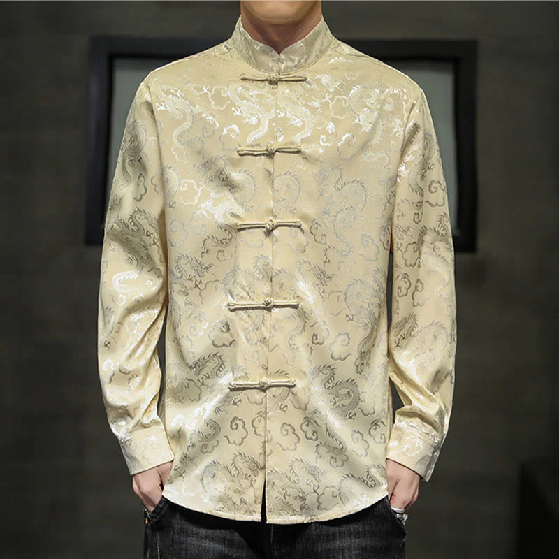 Buddha Stones Casual Dragon Pattern Frog-button Tang Suit Lino Giacca Camicia Uomo - Image 40