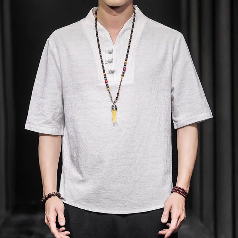 Camicia casual estiva a maniche corte in cotone con Buddha Stones, abbigliamento da uomo - Image 2