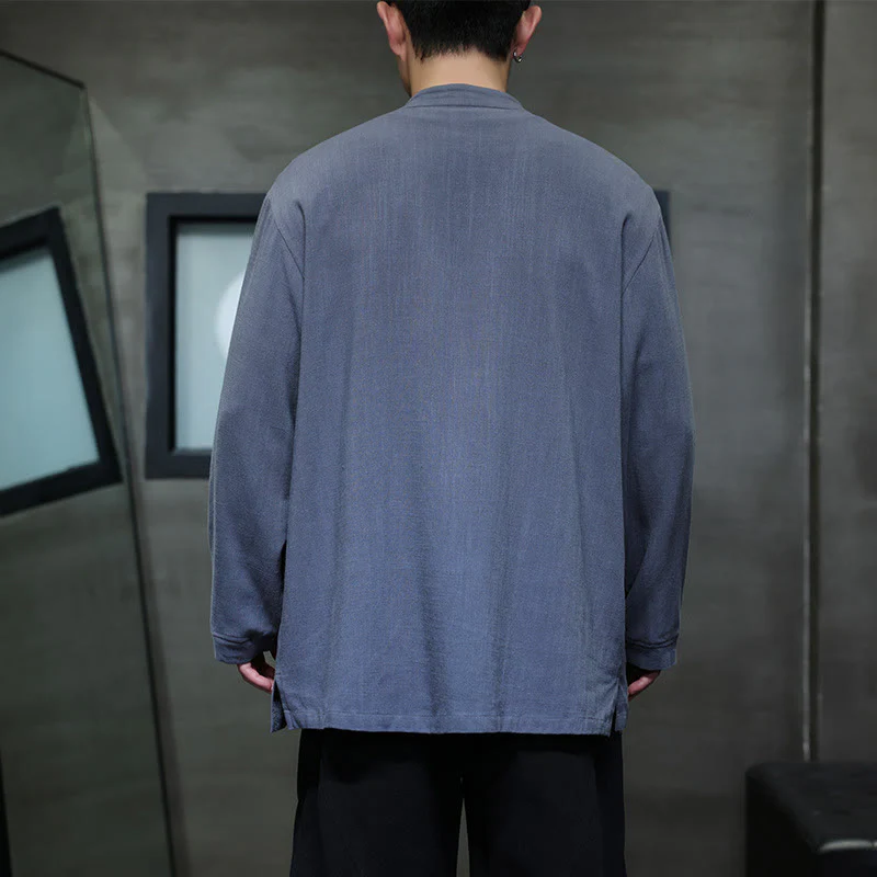 Buddha Stones Casual Tinta Unita Rana-bottoni Lino Giacca Camicia Uomo Con Tasche - Image 5
