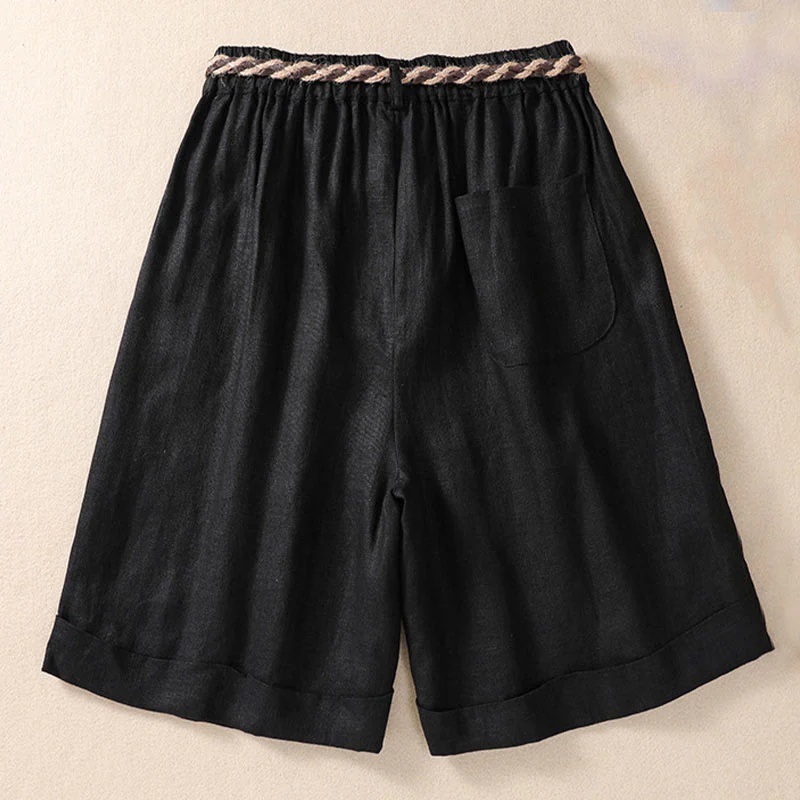 Buddha Stones Casual Tinta Unita Risvolta Polsino Cintura Cotone Lino Pantaloncini da Donna con Tasche - Image 10