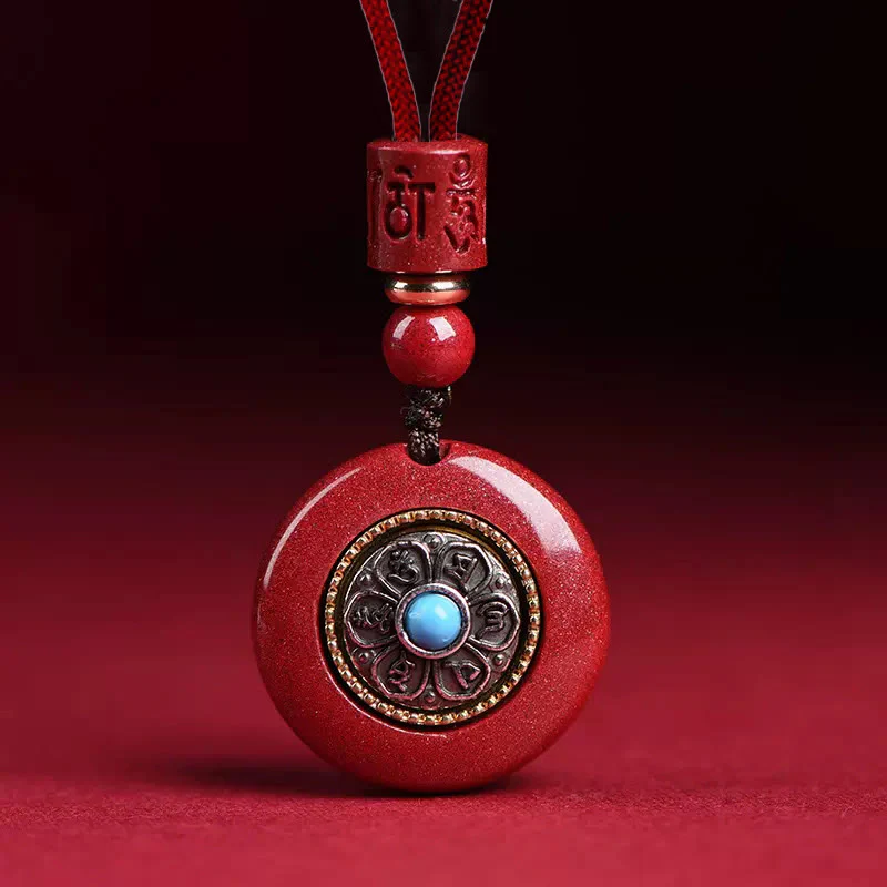 Buddha Stones Cinabro naturale Sei parole vere 'Om Mani Padme Hum' Collana con ciondolo portachiavi con cordino intrecciato e benedizione