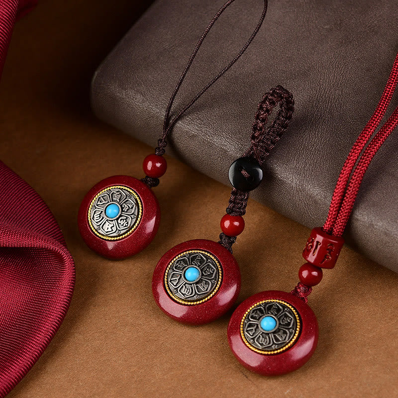 Buddha Stones Cinabro naturale Sei parole vere 'Om Mani Padme Hum' Collana con ciondolo portachiavi con cordino intrecciato e benedizione - Image 2