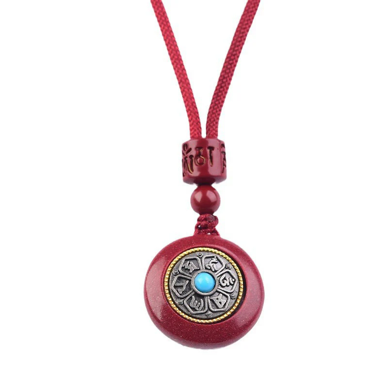 Buddha Stones Cinabro naturale Sei parole vere 'Om Mani Padme Hum' Collana con ciondolo portachiavi con cordino intrecciato e benedizione - Image 9