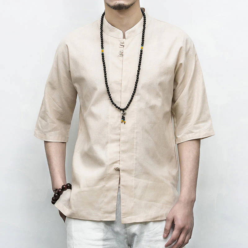 Buddha Stones Cinese Rana-Bottone Tang Suit Zen Mezza Manica Camicia Lino Abbigliamento Uomo - Image 18