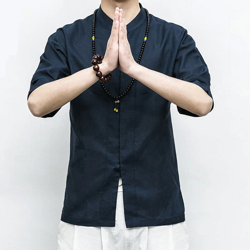 Buddha Stones Cinese Rana-Bottone Tang Suit Zen Mezza Manica Camicia Lino Abbigliamento Uomo - Image 3