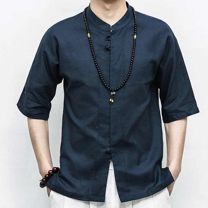 Buddha Stones Cinese Rana-Bottone Tang Suit Zen Mezza Manica Camicia Lino Abbigliamento Uomo - Image 5