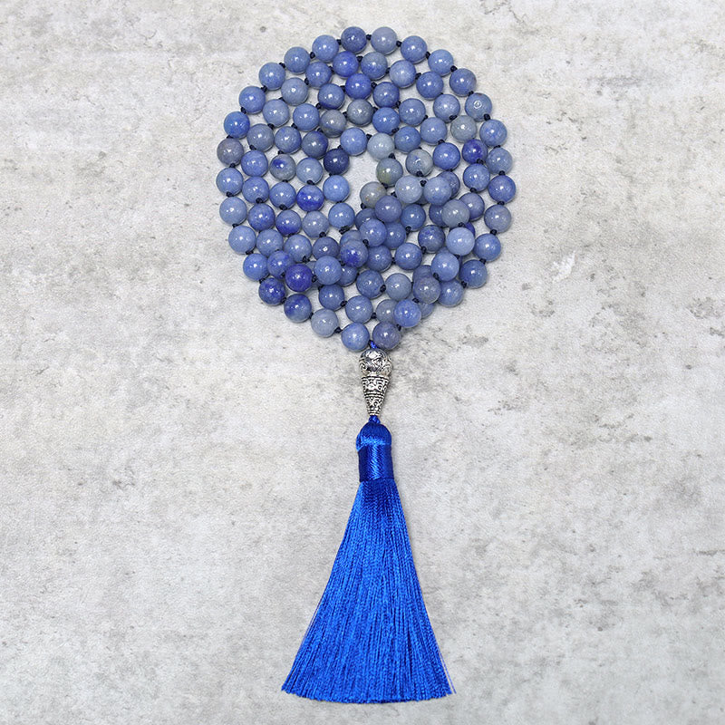 Buddha Stones Collana con 108 perle di avventurina blu, perline di preghiera e meditazione yoga