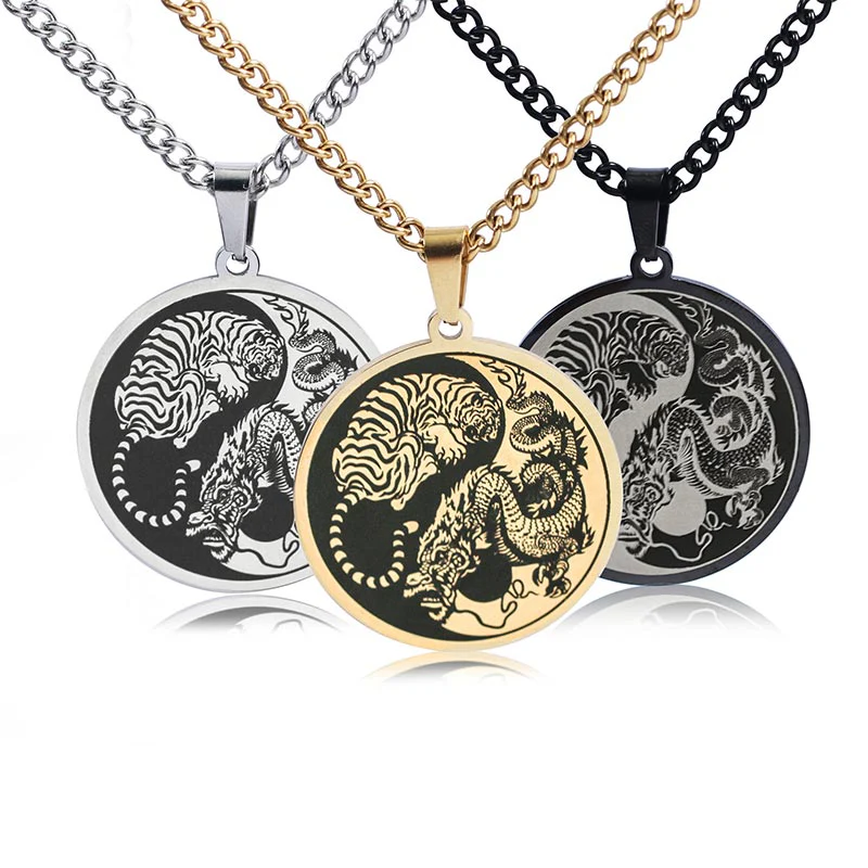 Buddha Stones Collana con catena in acciaio al titanio e tigre e ciondolo armonia