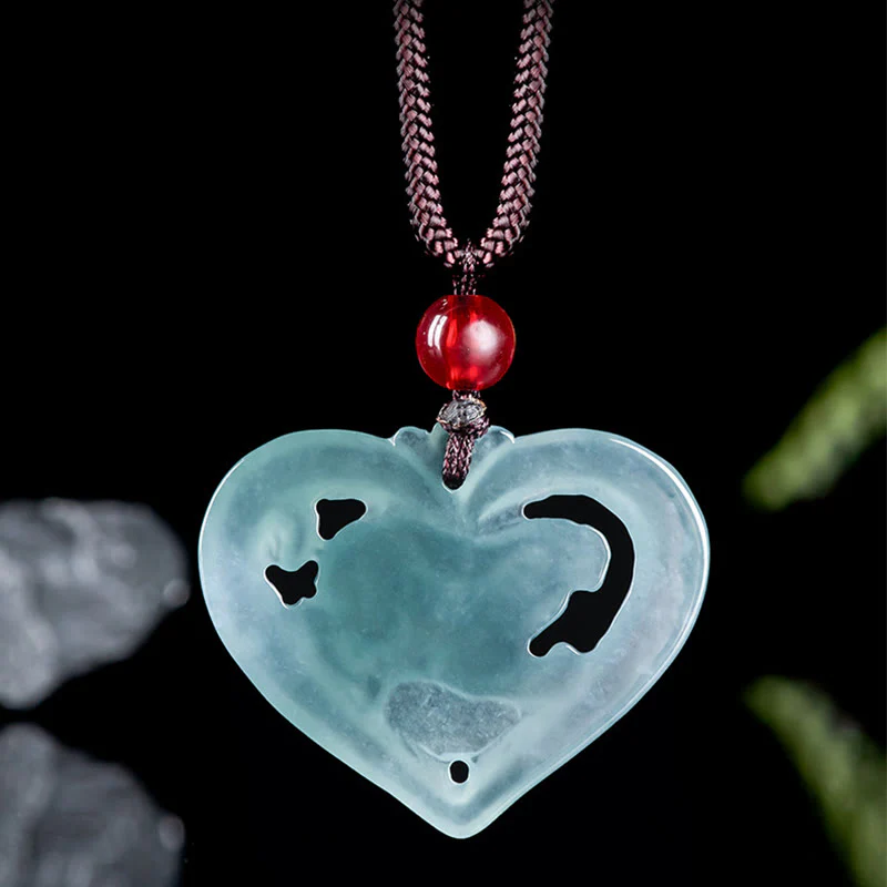 Buddha Stones Collana con ciondolo a forma di cuore in giada naturale con coniglio e portafortuna - Image 3