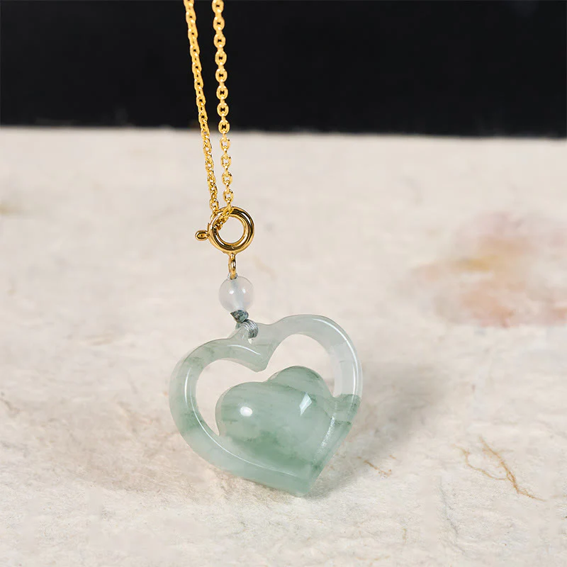 Buddha Stones Collana con ciondolo a forma di cuore vuoto in giada con abbondanza - Image 2