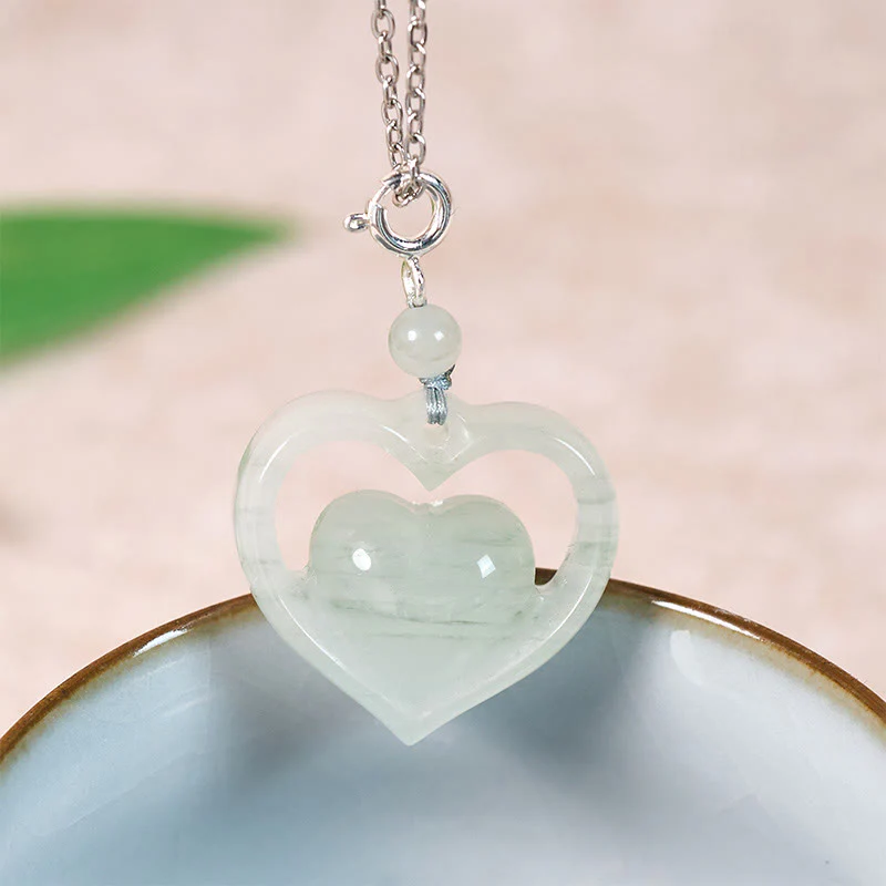 Buddha Stones Collana con ciondolo a forma di cuore vuoto in giada con abbondanza - Image 8