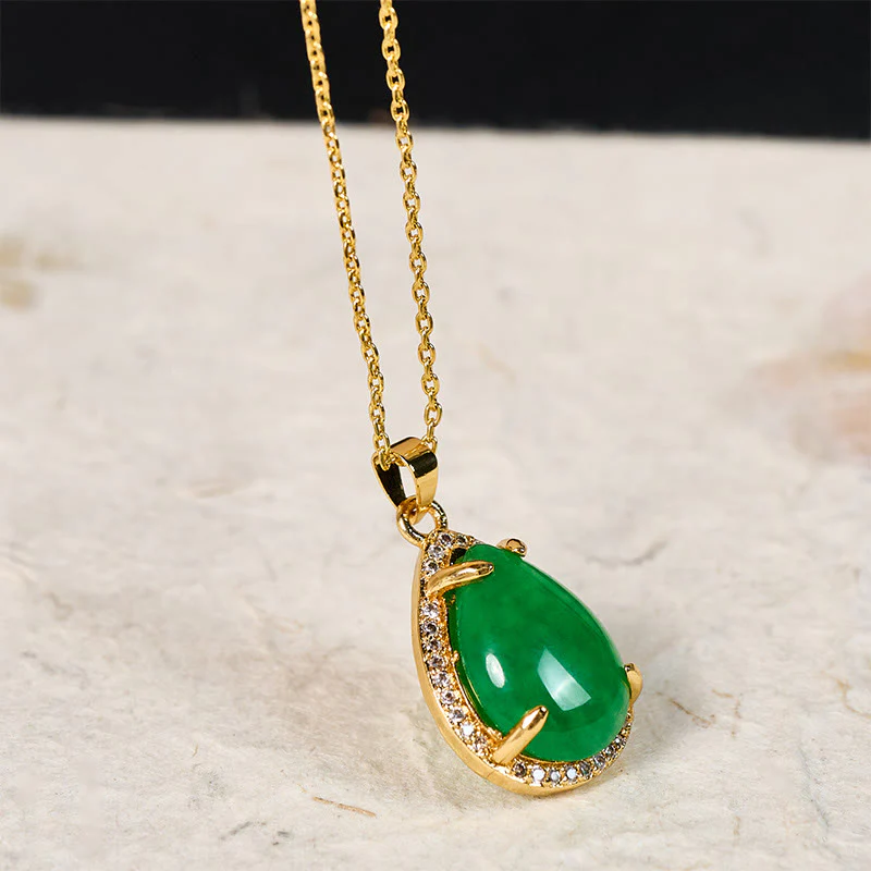 Buddha Stones Collana con ciondolo a goccia in rame e agata verde in argento sterling 925, stile retrò, portafortuna e ricchezza. - Image 2