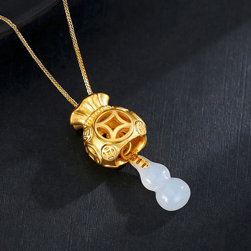 Buddha Stones Collana con ciondolo in giada a forma di sacco di soldi Feng Shui di buon auspicio