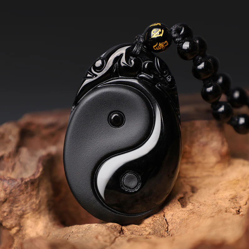 Buddha Stones Collana con ciondolo in ossidiana nera naturale Yin Yang Fulfillment Strength - Image 3
