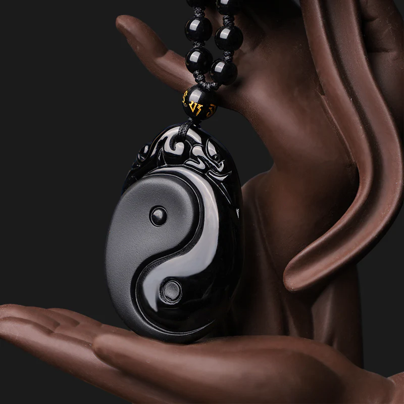 Buddha Stones Collana con ciondolo in ossidiana nera naturale Yin Yang Fulfillment Strength - Image 4