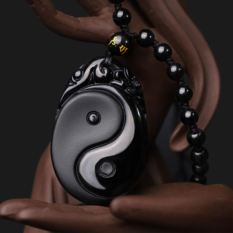 Buddha Stones Collana con ciondolo in ossidiana nera naturale Yin Yang Fulfillment Strength - Image 5