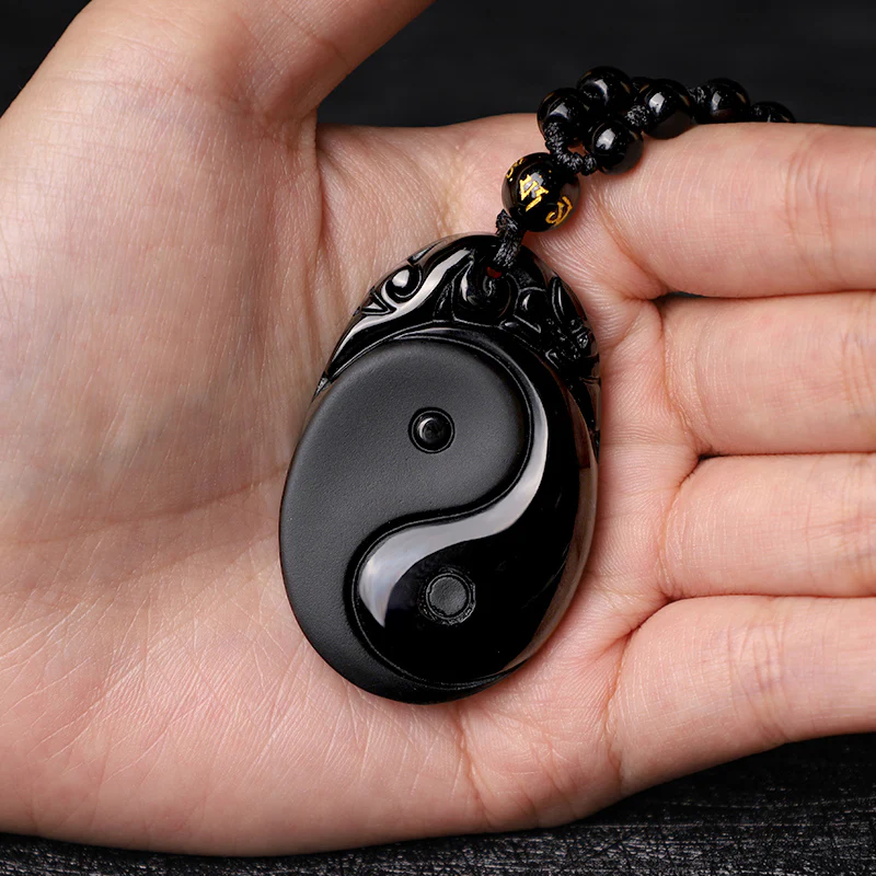 Buddha Stones Collana con ciondolo in ossidiana nera naturale Yin Yang Fulfillment Strength - Image 8