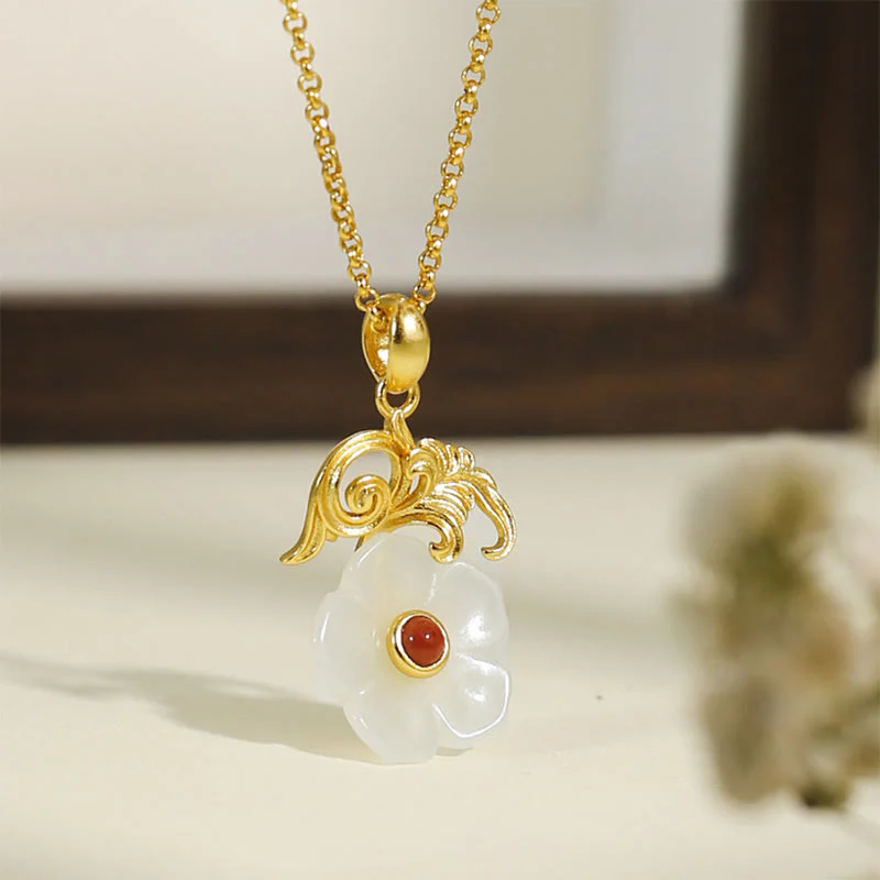 Buddha Stones Collana con ciondolo portafortuna in argento sterling 925 con fiore di giada di Hetian