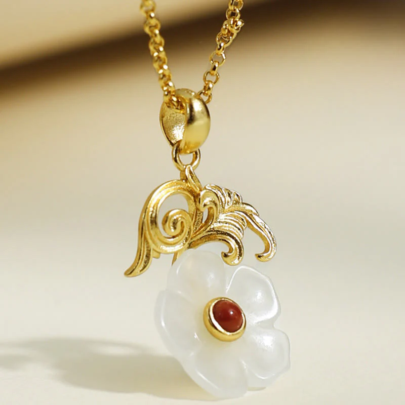 Buddha Stones Collana con ciondolo portafortuna in argento sterling 925 con fiore di giada di Hetian - Image 2