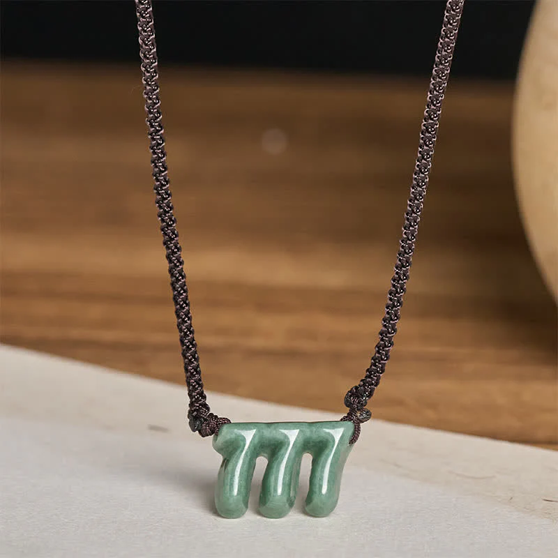 Buddha Stones Collana con ciondolo portafortuna numero 777 in giada verde naturale, simbolo di prosperità. - Image 3