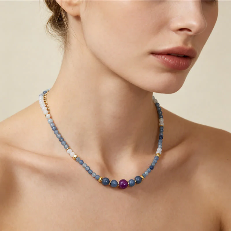 Buddha Stones Collana rilassante con perle di avventurina blu naturale e giada bianca - Image 9