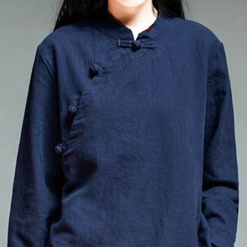 Bottone con nodo del colletto obliquo con Buddha Stones, abbigliamento in lino largo - Image 15
