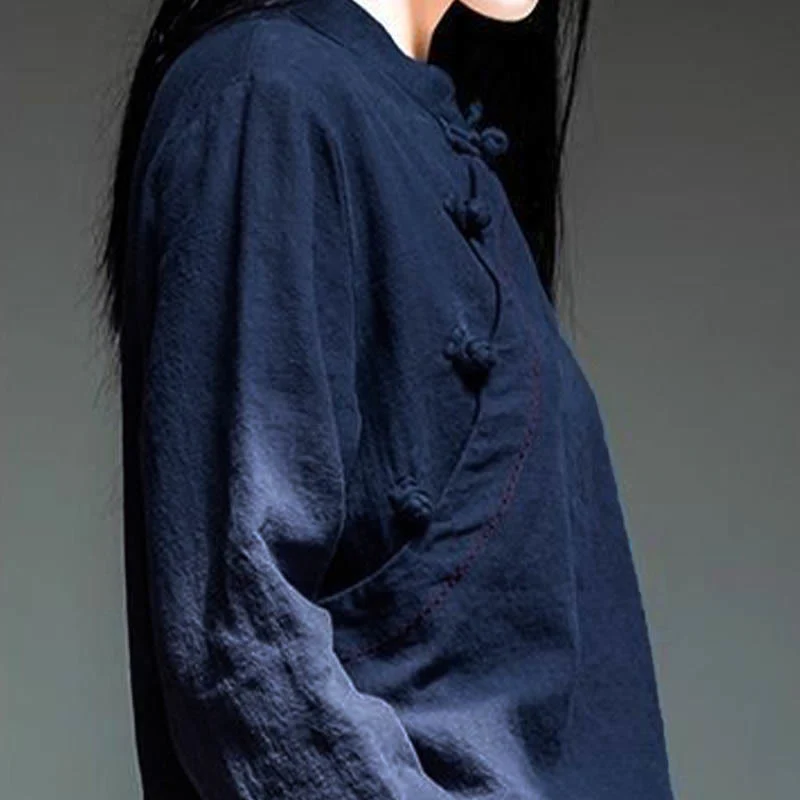Bottone con nodo del colletto obliquo con Buddha Stones, abbigliamento in lino largo - Image 16
