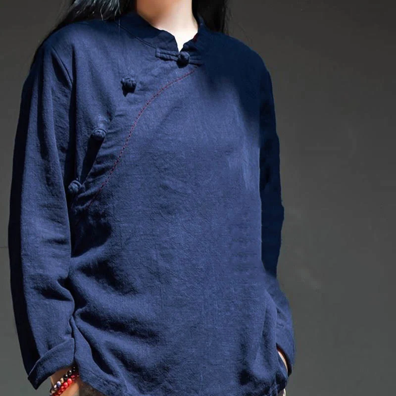 Bottone con nodo del colletto obliquo con Buddha Stones, abbigliamento in lino largo - Image 17