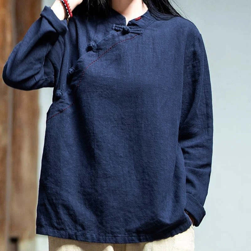 Bottone con nodo del colletto obliquo con Buddha Stones, abbigliamento in lino largo - Image 18