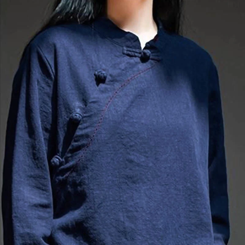 Bottone con nodo del colletto obliquo con Buddha Stones, abbigliamento in lino largo - Image 20