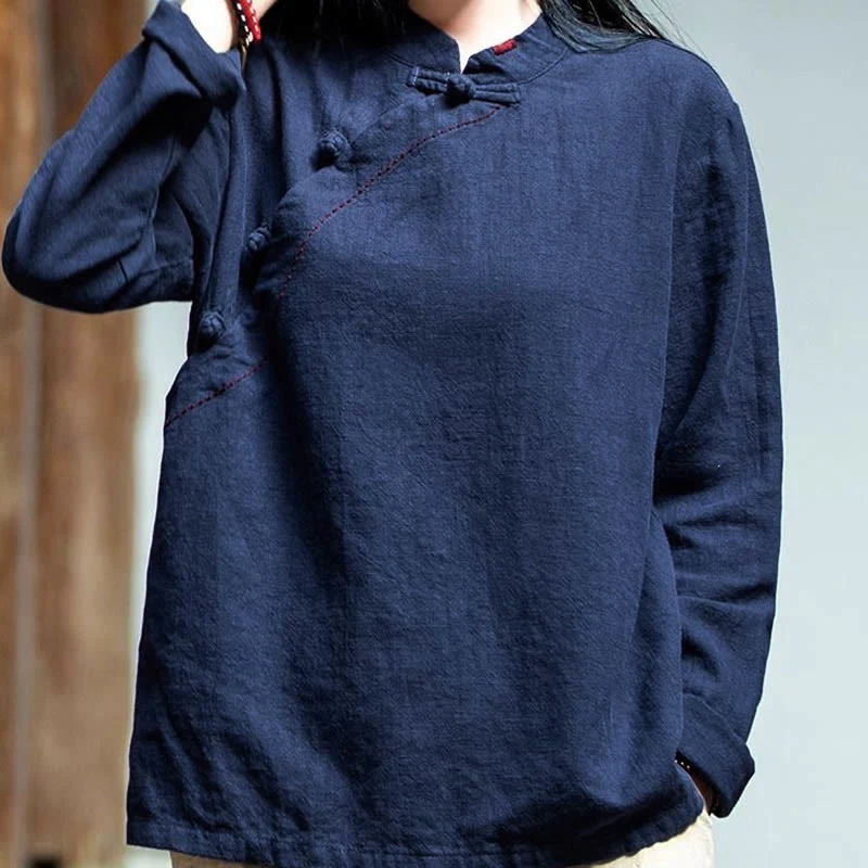 Bottone con nodo del colletto obliquo con Buddha Stones, abbigliamento in lino largo - Image 21